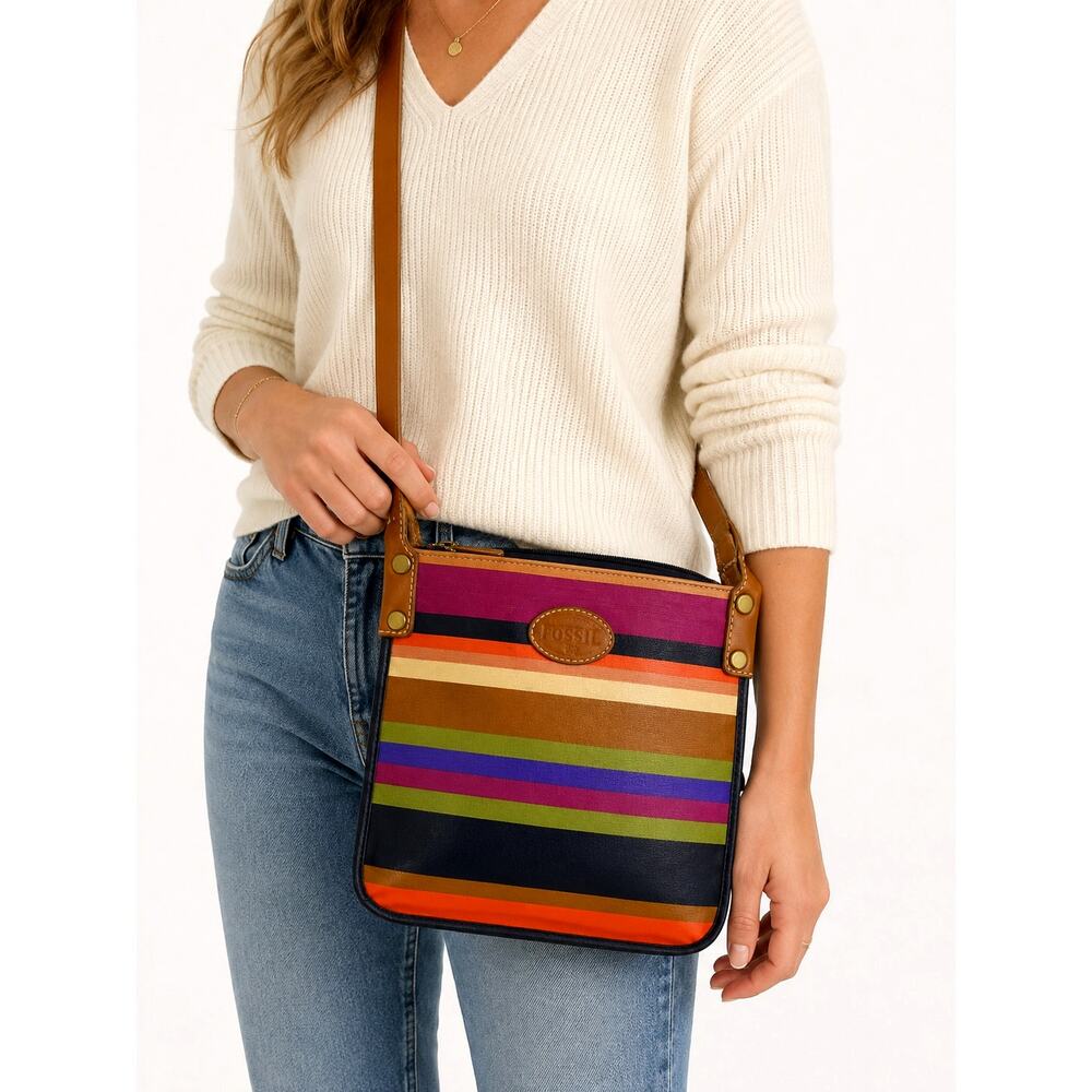 Fossil Multicolor Stripe Crossbody Bag Leather Trim
